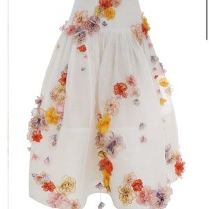 Zimmermann Postcard Floral Appliqué Linen Silk Midi Skirt